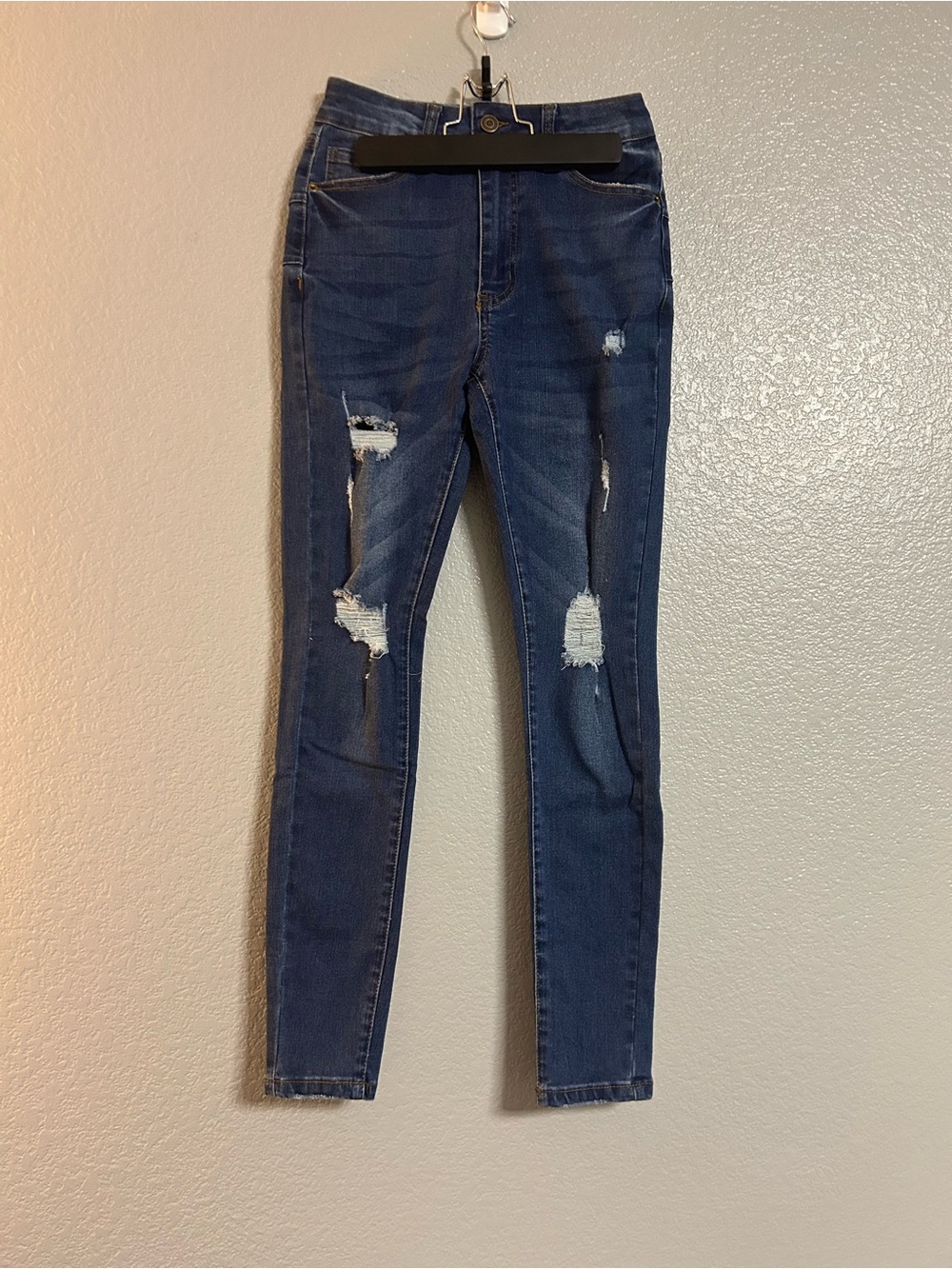 Women’s blue high waisted stretch distressed ripped skinny pants jeans 3